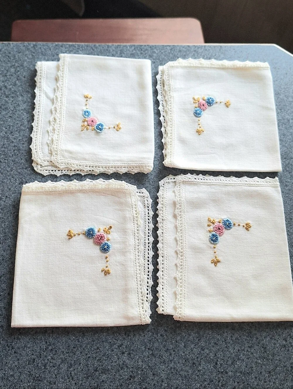 Vintage Handmade Embroidered Floral Napkins With Crochet Edges, Set of 4